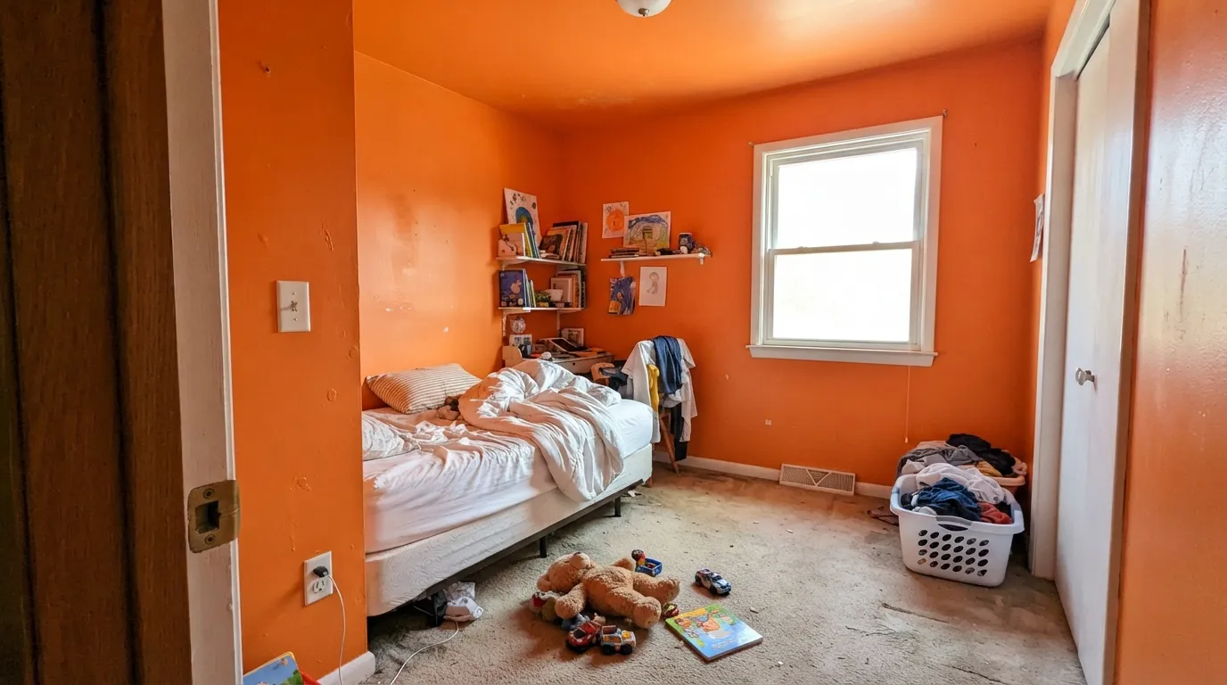 The honest shot: four walls of it in a small sleeping room is the complaint people actually write — overwhelming, and it stains the ceiling and bedding orange in strong sun.