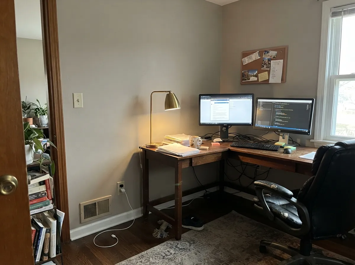 A quiet, low-drama backdrop for a home office — light enough to keep the small room from feeling boxed in on video calls.