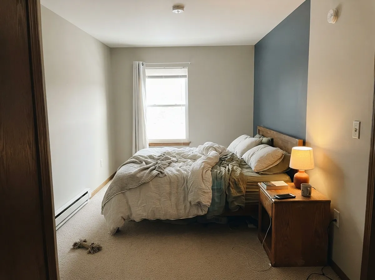 With warm lamps and a slate-blue accent wall, the beige side stays alive after dark — the pairing that keeps it from reading flat.