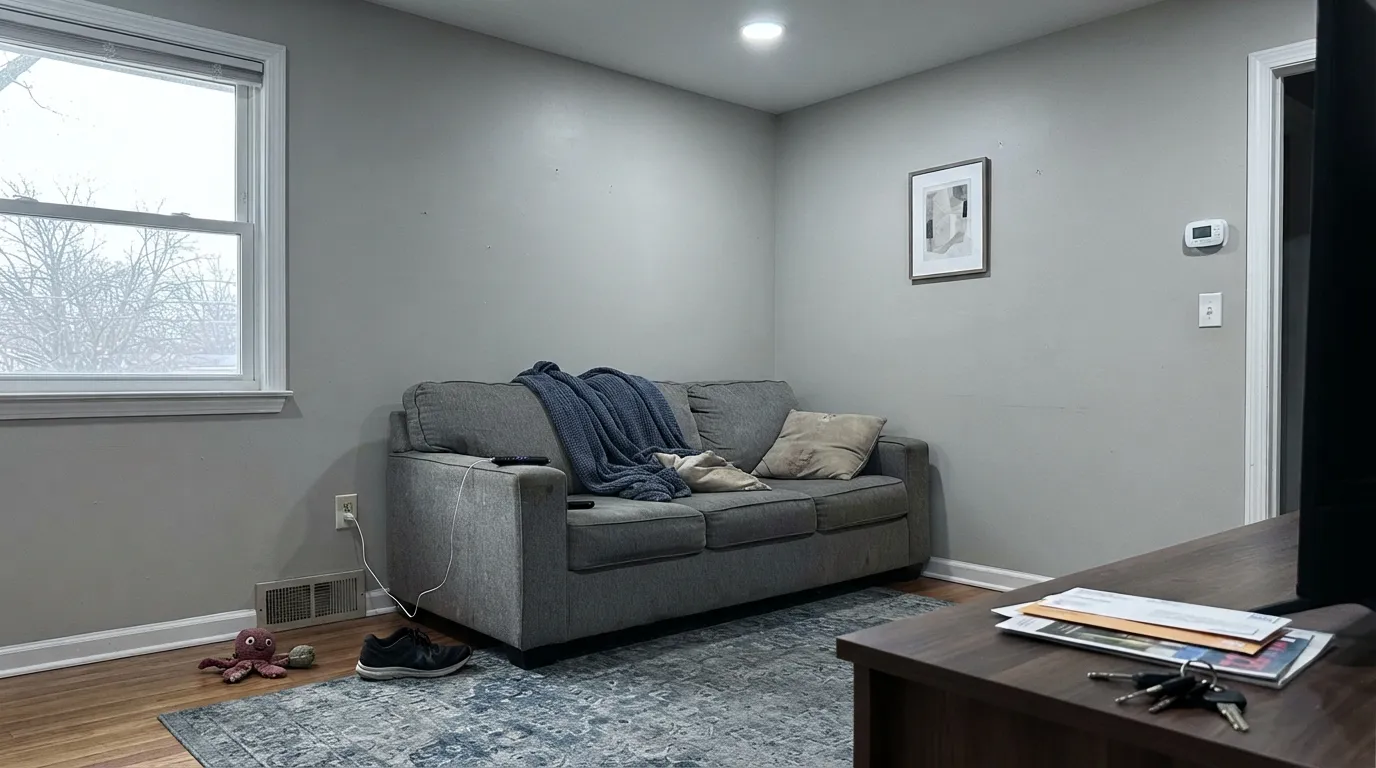 The honest shot: cool LEDs and no lamps strip the warmth out entirely — this is the gray side of the chameleon, not the beach-stone beige from the swatch photos.