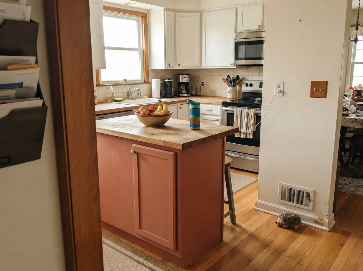 On an island under white cabinets, the same color reads warm and deliberate instead of loud.