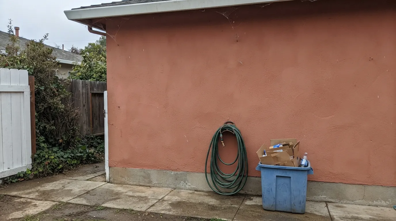The honest shot: the same stucco on the shaded side of the house, on a cloudy day. Without direct sun the red drains out and it settles into a dull clay-brown.