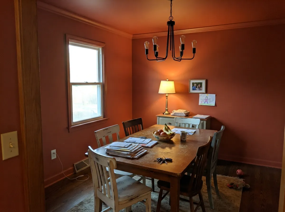 Color-drenched, walls to ceiling, under warm evening light — the jewel-box effect that makes it work as an interior color.