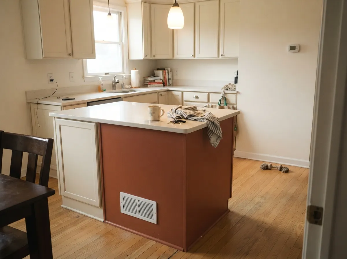One island in Terra Cotta Urn against white oak and brass — earthy warmth without repainting the whole kitchen.