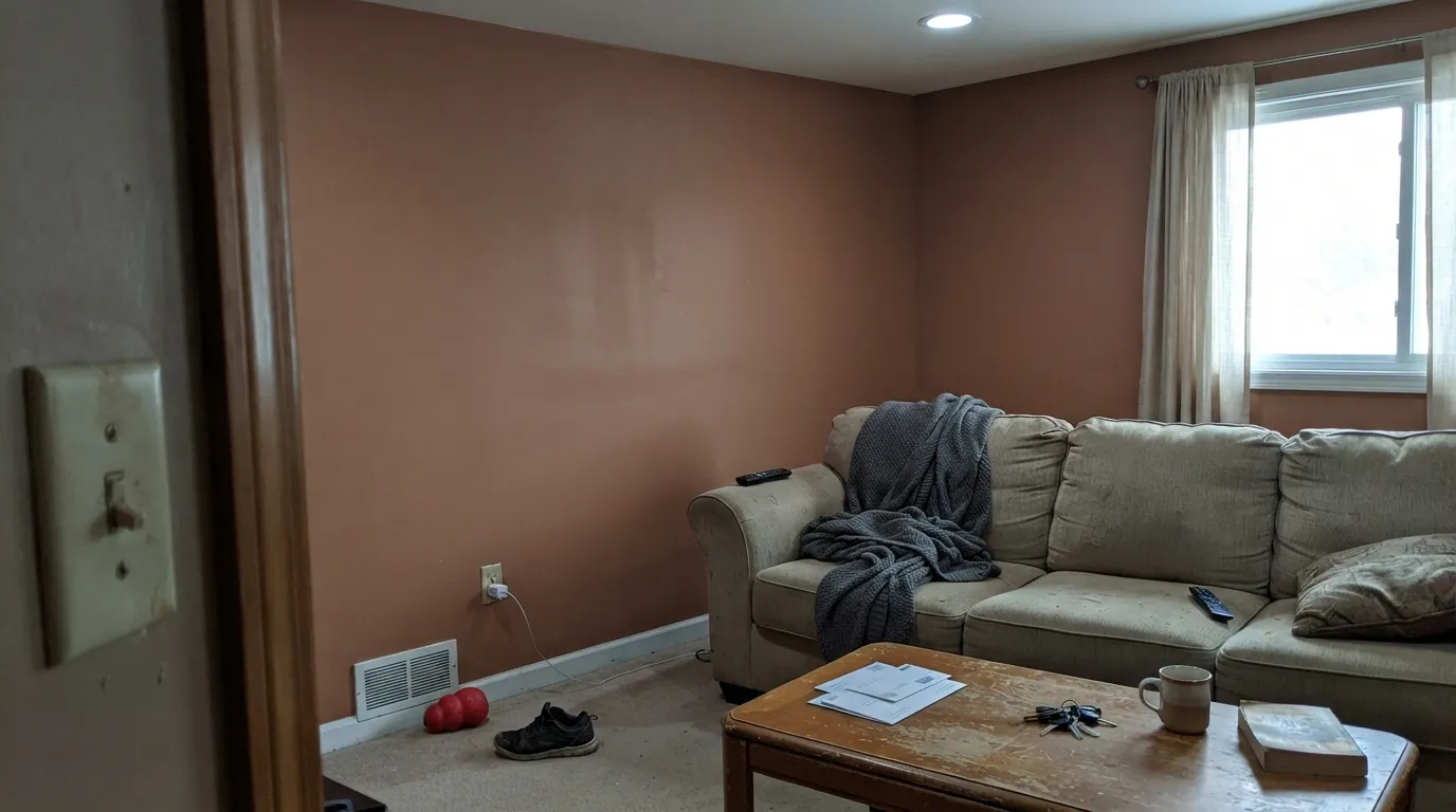 The honest shot: cool north light, a cool LED bulb, and flat sheen together — the color loses its red and looks like plain dirt. This is the exact situation behind most disappointed reviews.