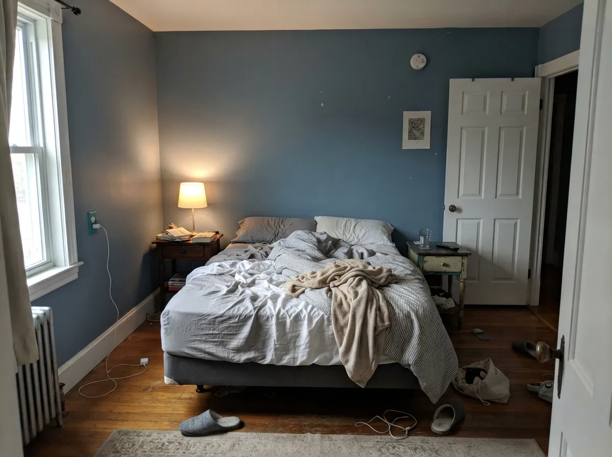 In a morning-lit bedroom it stays storm-sky — dusty coastal blue, not a theme, not gray. This is the four-wall version that works, because the room has daylight.