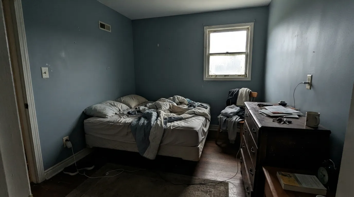 The honest shot: cool north light with no lamps strips the dusty teal and leaves a flat, slightly dirty slate — the four-wall version designers warn you not to roll without daylight.