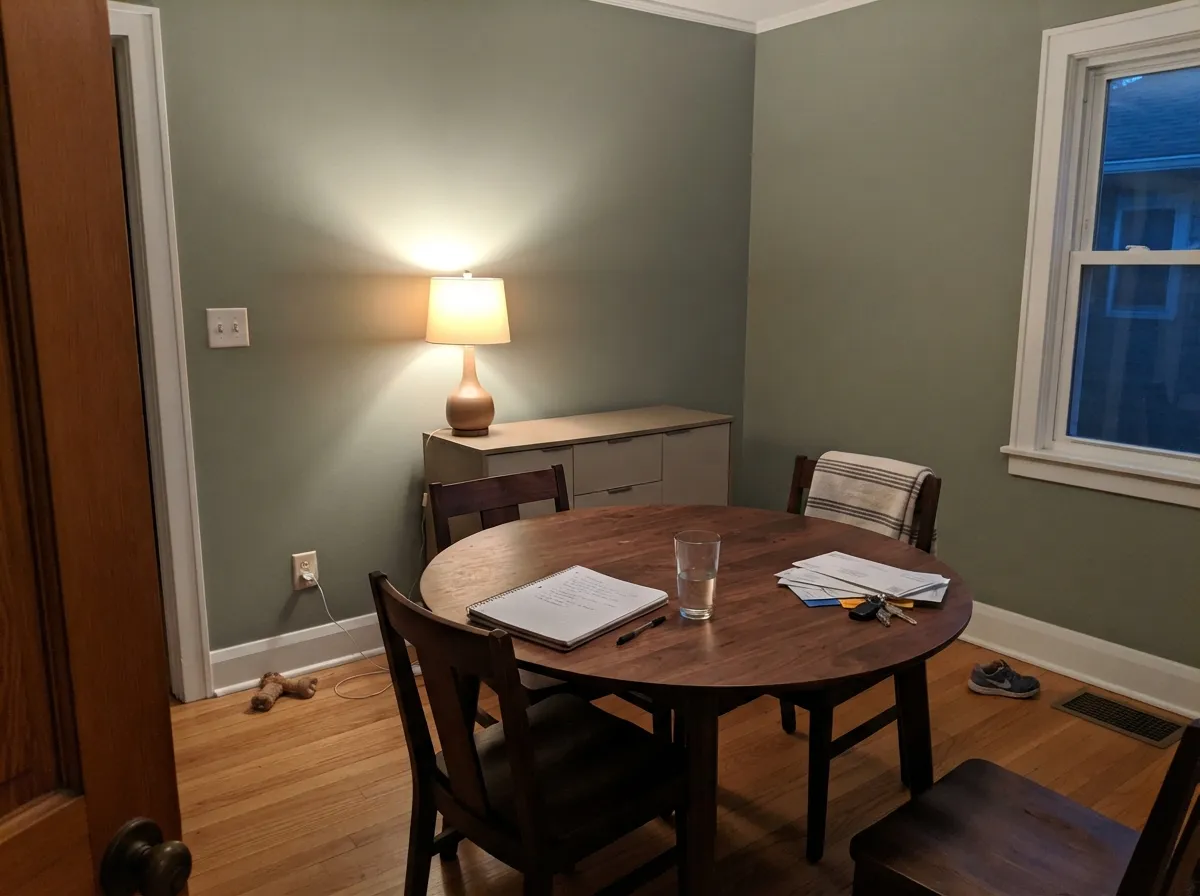 Four walls in a windowed dining room at dinner — LRV 24 reads as a decision, leafy under 2700K lamps, not a pale sage wash.