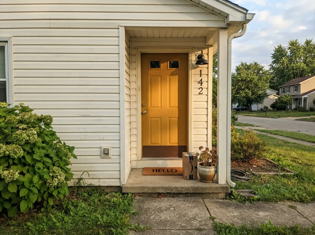 One gold island under white perimeter cabinets and brass hardware — the interior version of the front-door move, and just as deliberate.