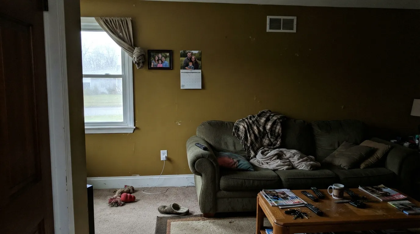 The honest shot: all four walls, cool north light, no lamps — the gold curdles into a heavy, muddy brown-olive and the small room feels closed in. This is the mistake behind most bad reviews.