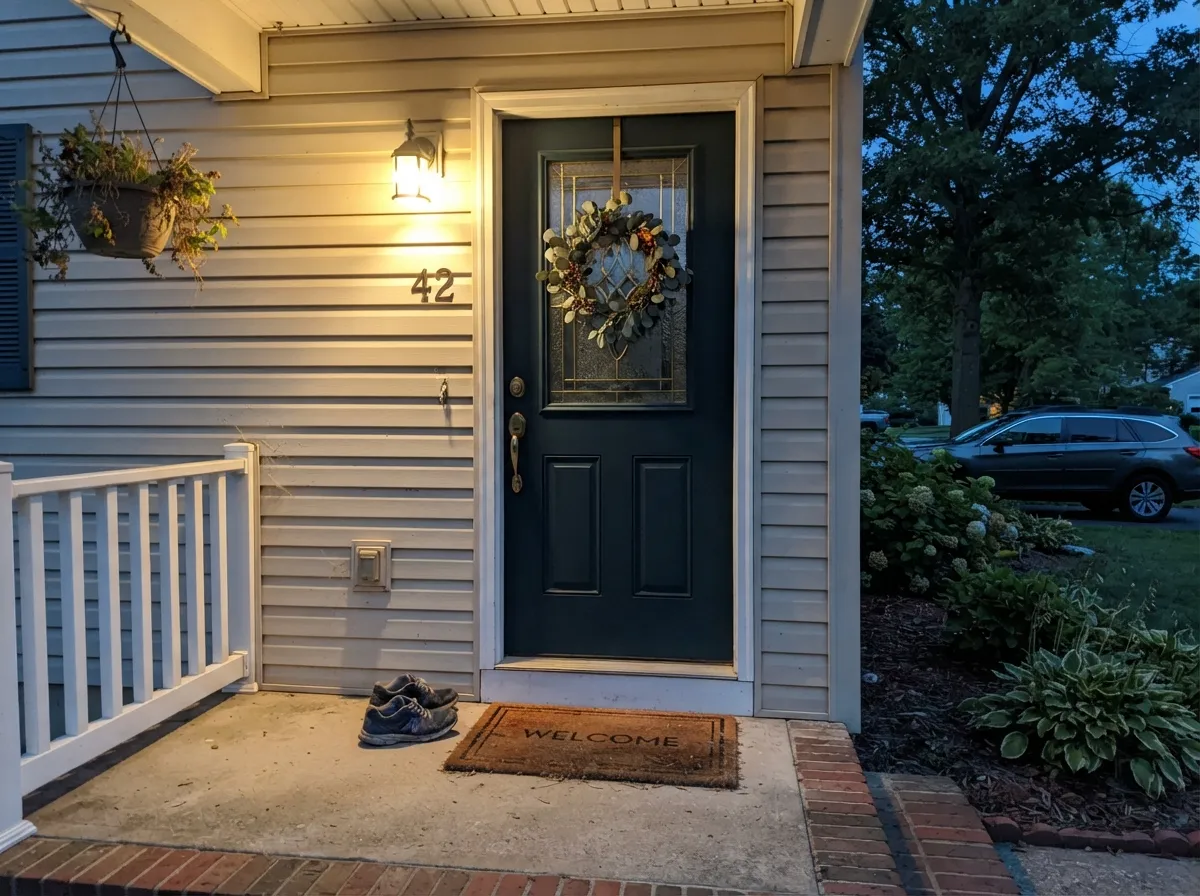 With a porch light doing real work after dark and a light-colored house around it, the door carries the color on its own.