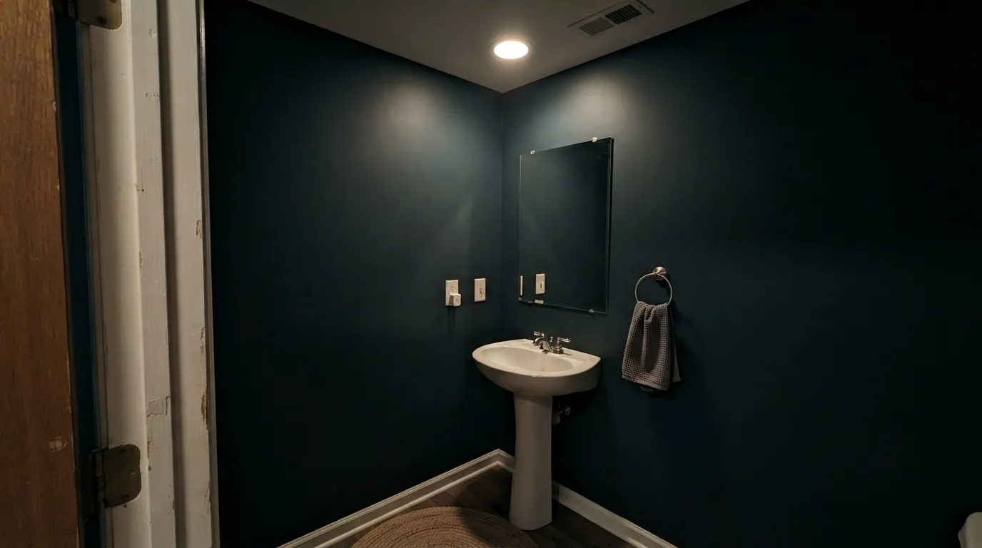 The honest shot: with only a single overhead can and no window, Thermal loses its color entirely and reads as plain black.