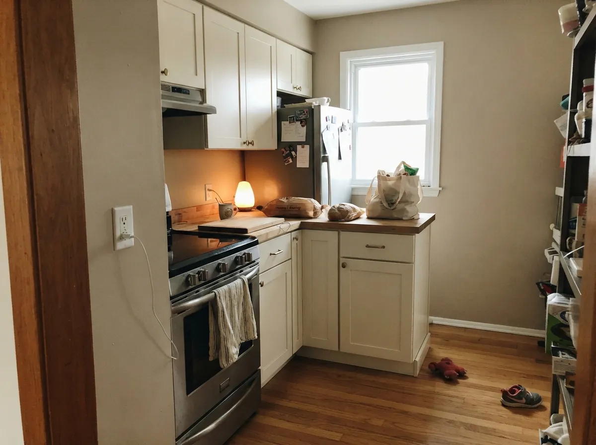 On cabinets it is the cozy Home Depot look — satin Toasted Marshmallow with brass and butcher block, cream instead of gallery white.
