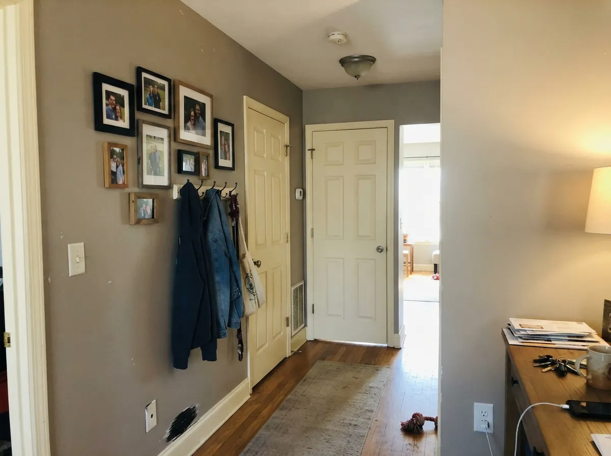 The ceiling job Home Depot already sells: Toasted Marshmallow overhead and on the trim so the greige walls do not get a blue-white glare.