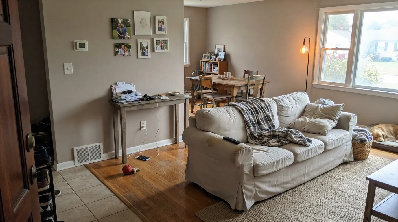 Toasty Gray running an open main floor in real afternoon light — the beige stays soft, never dull, against warm oak and white trim.