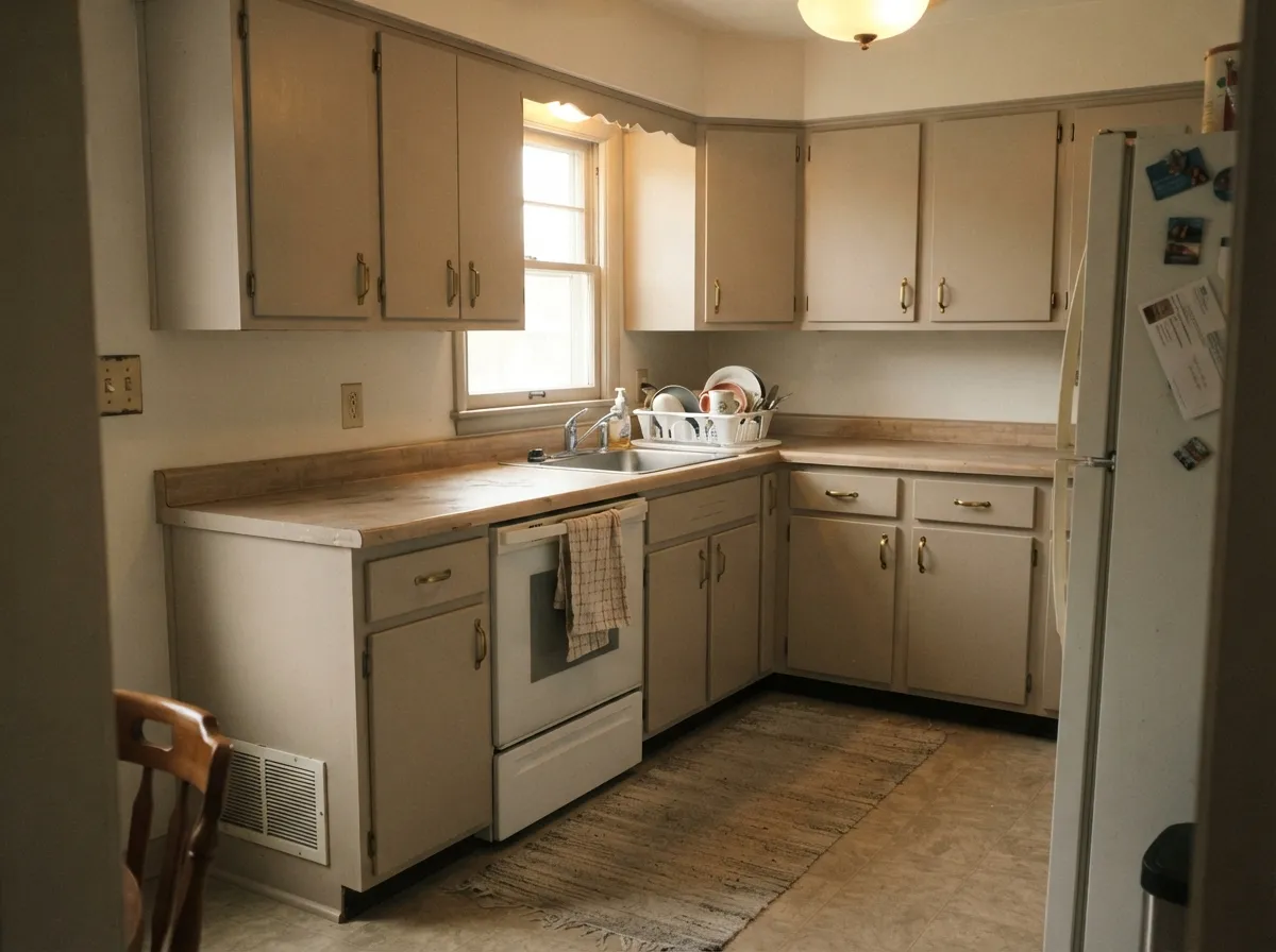 Over yellow-leaning oak cabinet boxes, Toasty Gray mutes the orange without going cold — the kitchen it was built for.