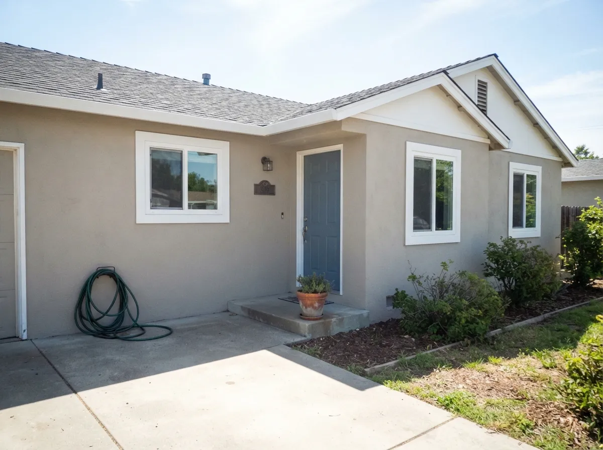 Its best-documented job: full sun on stucco, where Behr's own masonry formula in this color is one of its highest-rated exterior products.