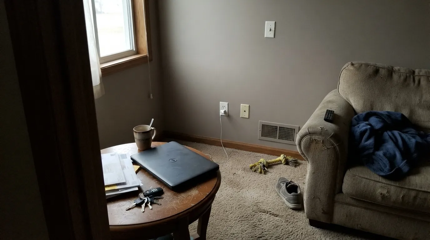 The honest shot: in a dim north room with no lamps, the beige drains out and Toasty Gray settles into a flat, muddy gray — the exact situation behind the color's north-facing complaints.