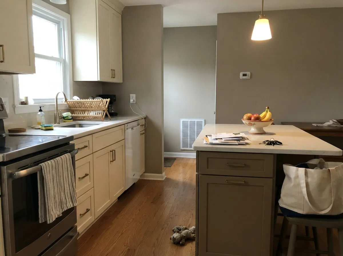 As an island color under lighter cabinets, the caramel brown carries the room's warmth without taking over every surface.