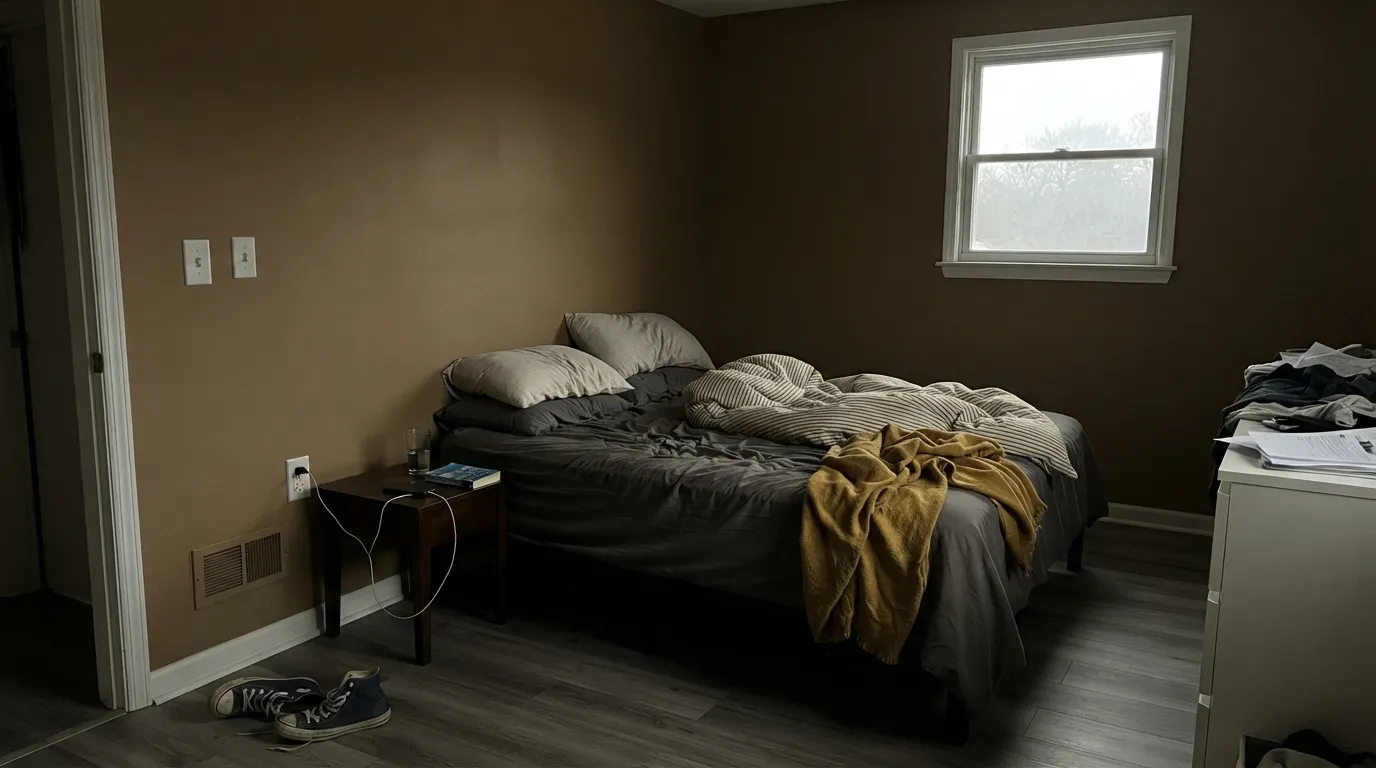 The honest shot: a small north-facing room with cool gray flooring and flat light. The gold drains out and the walls just read dark and closing-in — the complaint behind the "darker than the chip" reviews.