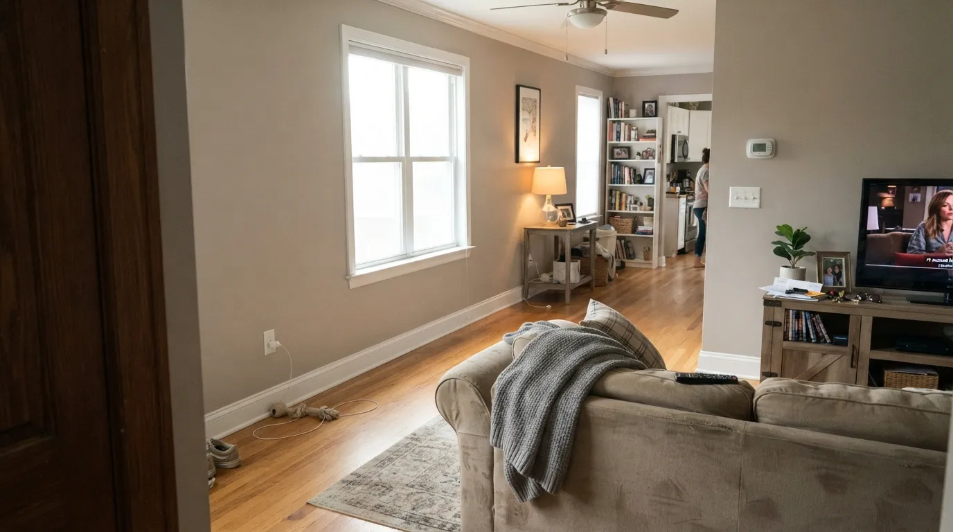 Tranquil Gray in the light it wants — real south sun brings the warm taupe forward against oak floors and white trim.
