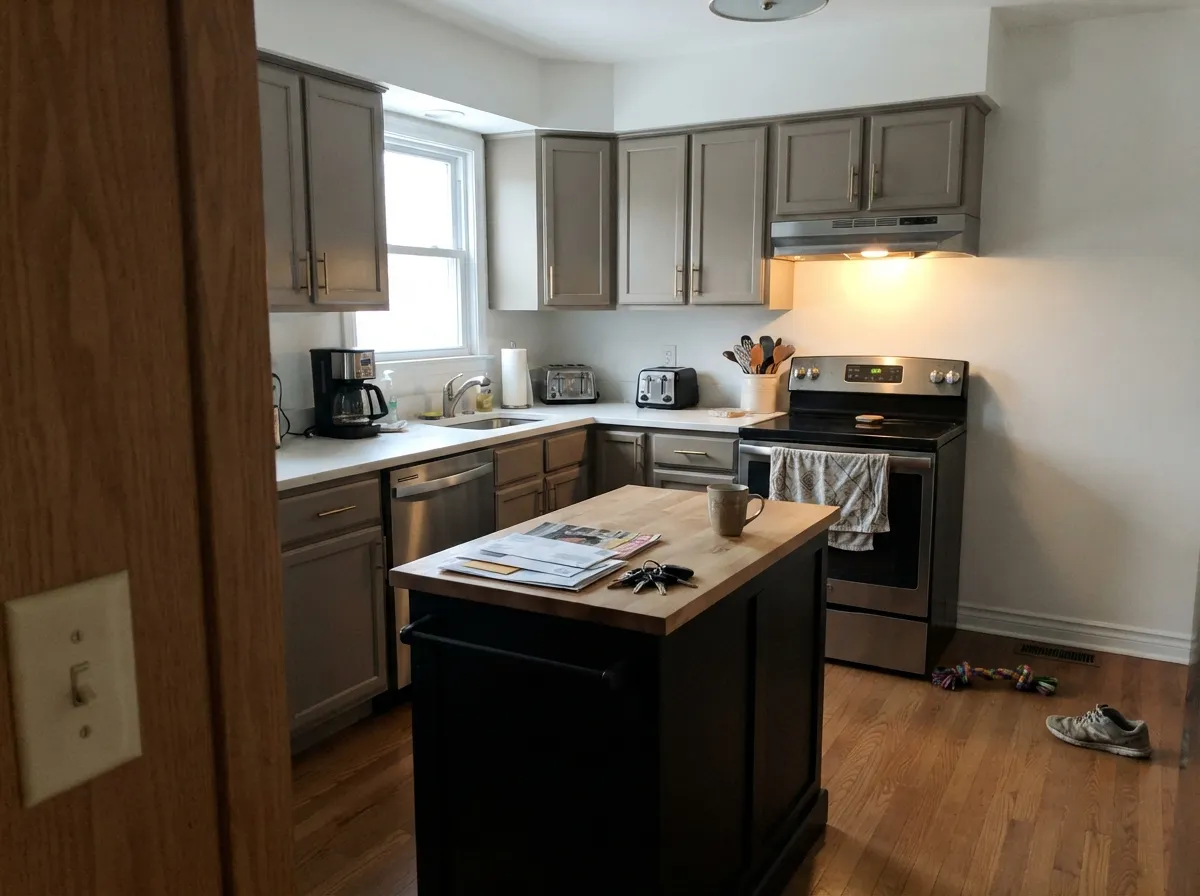 As a cabinet color against a bright white wall and a near-black island, the warmth reads current instead of trendy-specific.