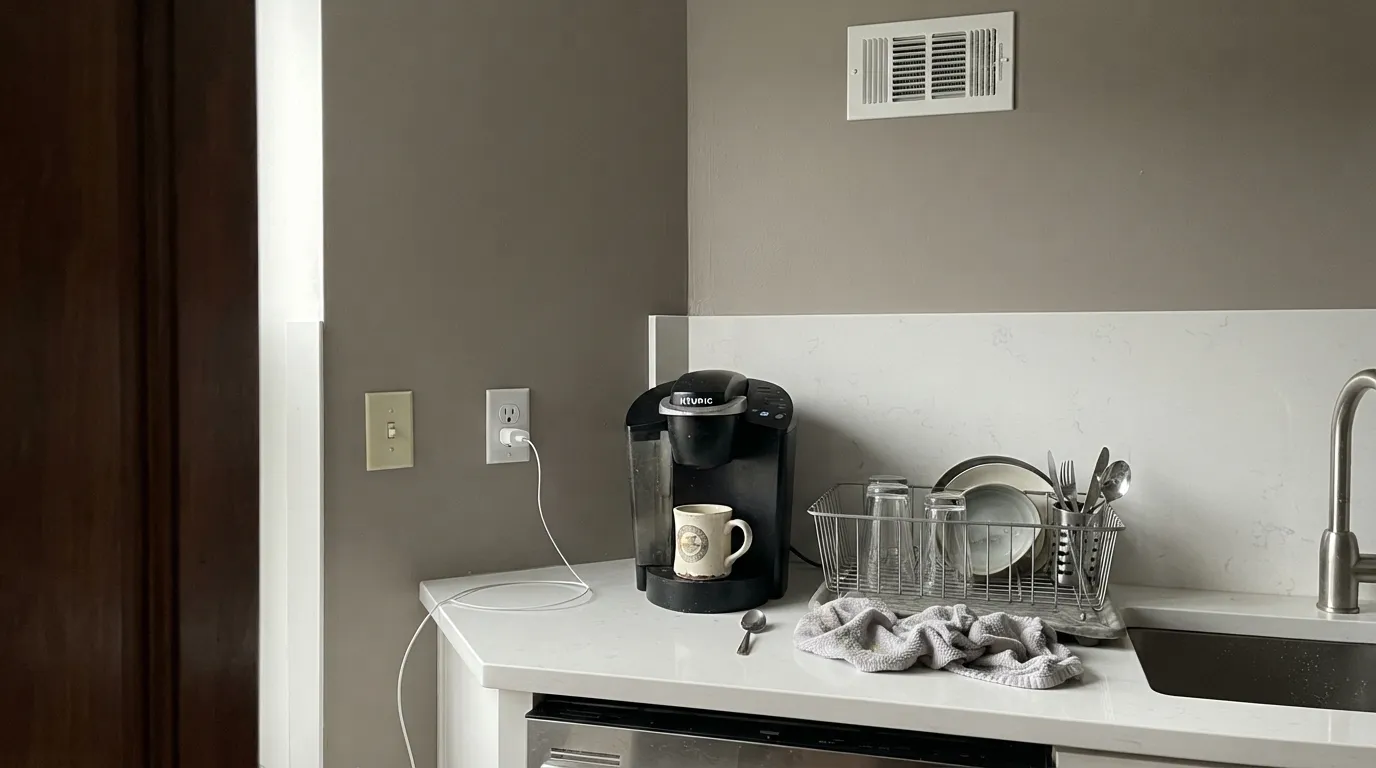 The honest shot: against stark white quartz on a gray day, the warm taupe looks dingy rather than cozy — the pairing behind most of the real complaints.