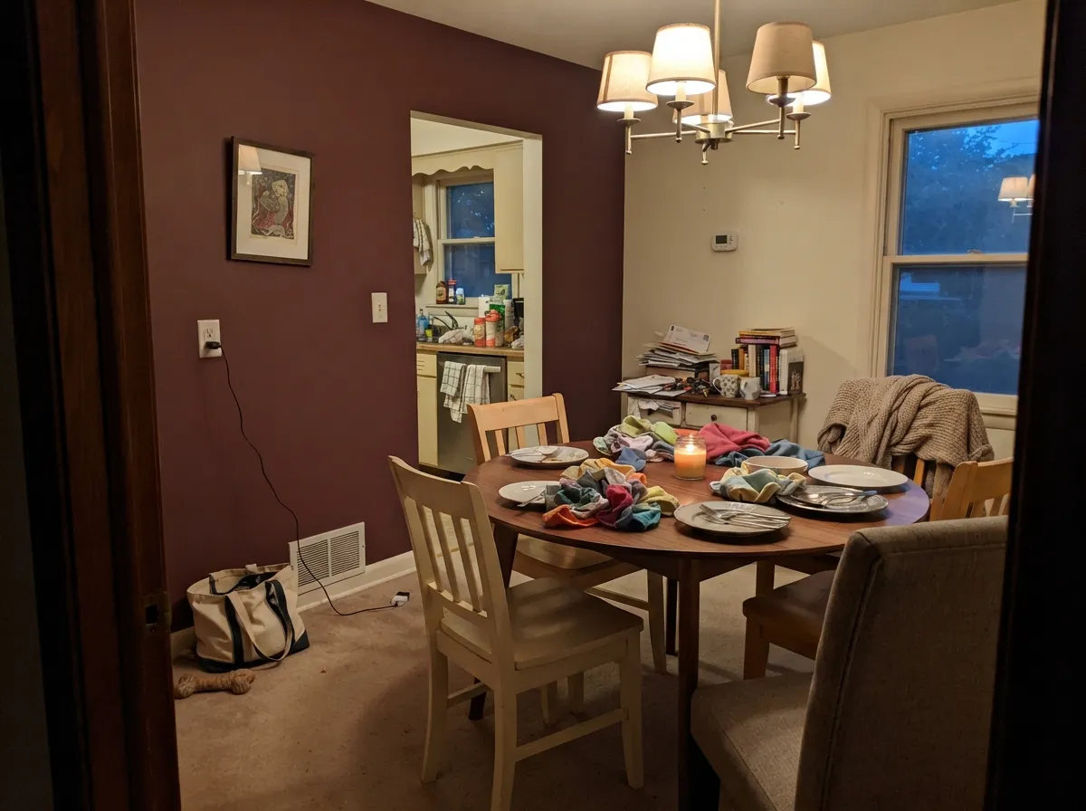As a single dining-room accent wall, the depth reads intentional instead of heavy — the cream walls around it keep the room from going dark.