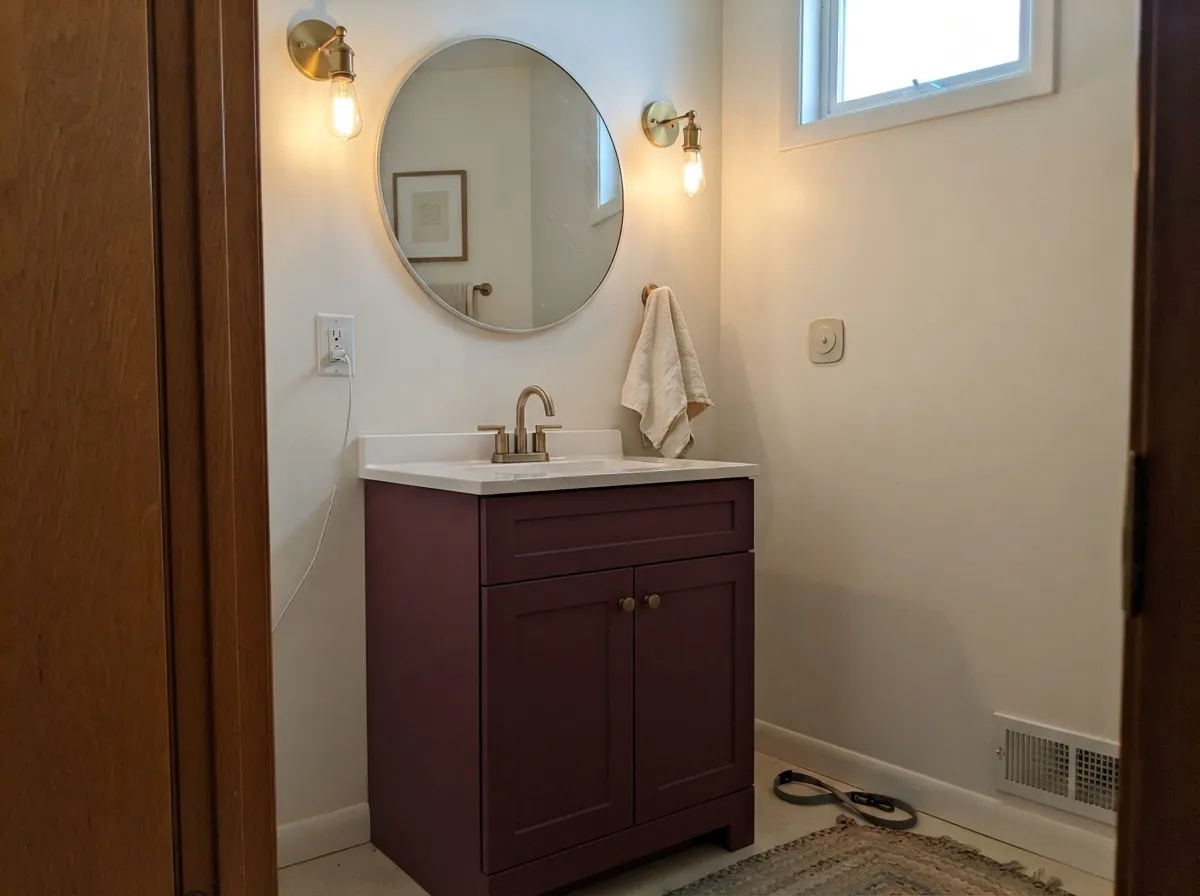 The small-room win: a painted vanity takes the depth beautifully because the mirror light keeps it lit all the time.