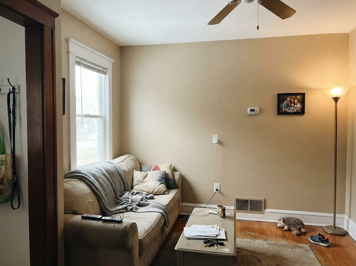 Ultra Pure White flat ceiling above warm-toned walls.