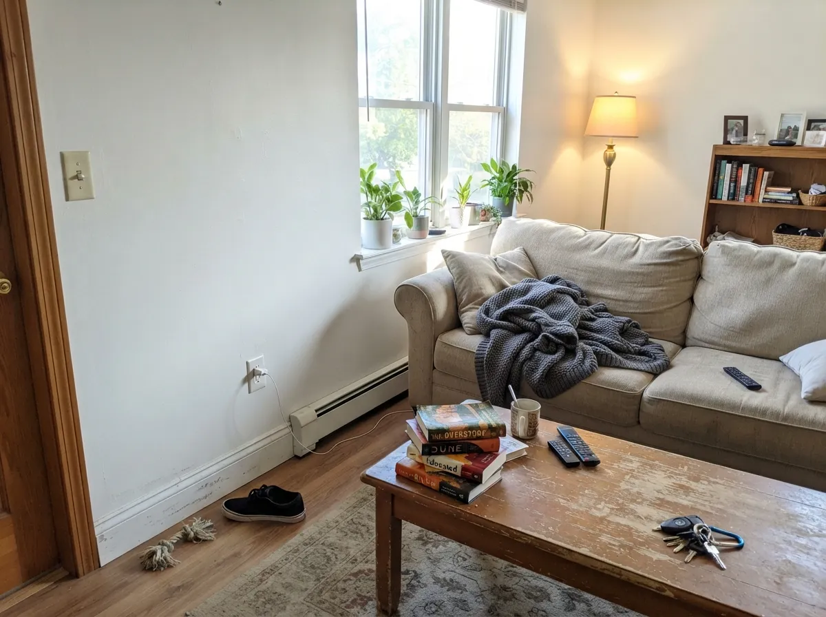 Ultra Pure White living room walls in bright south-facing sun with a warm lamp.