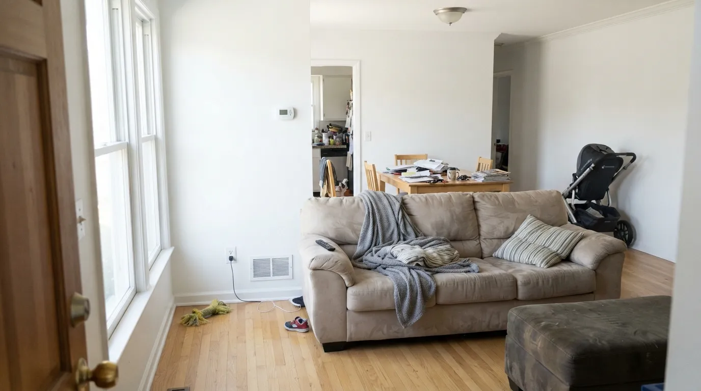 One white on every surface in real afternoon light — the sheen change between wall and trim is the only line in the room.
