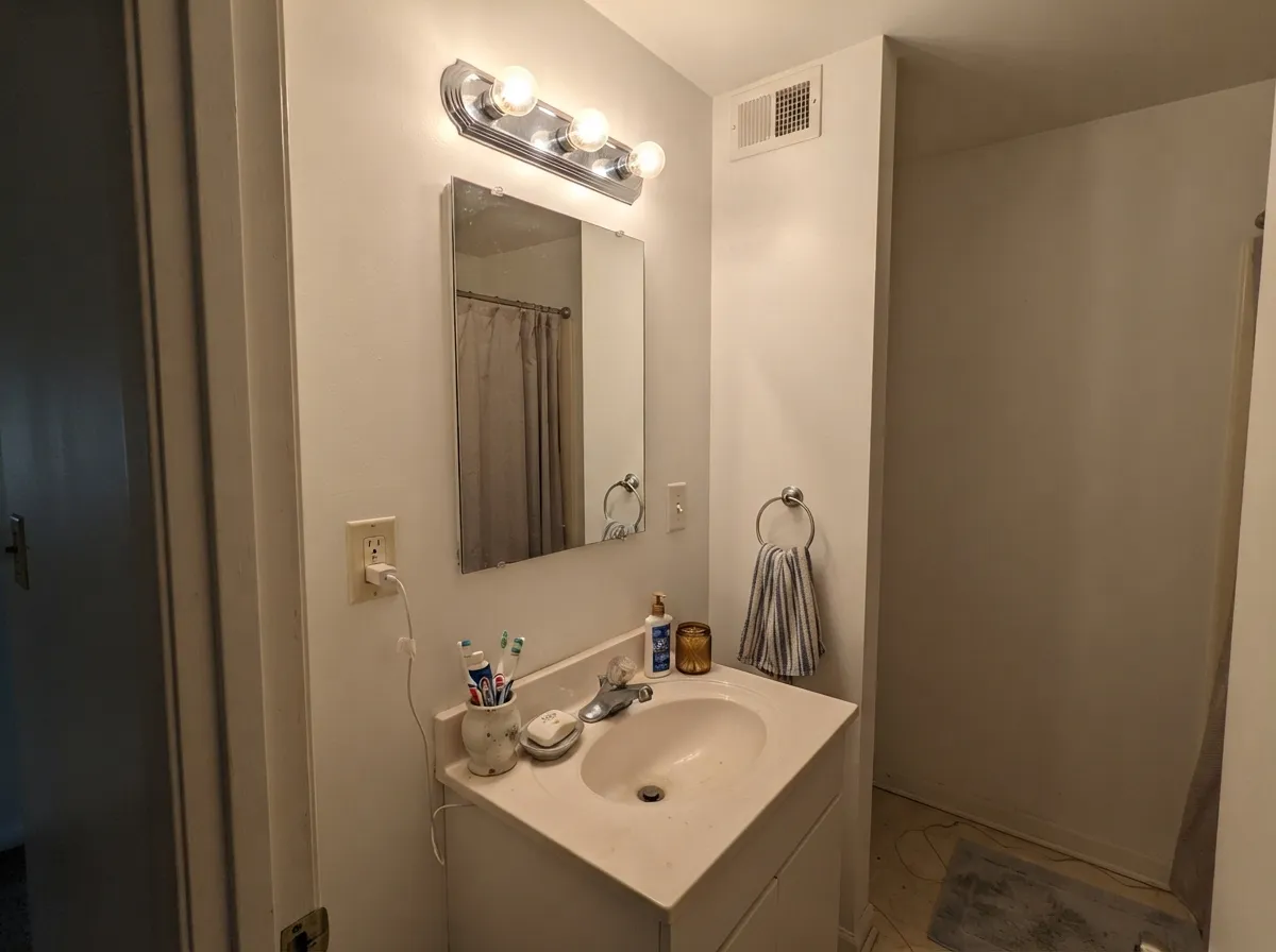 In a bathroom with no window, LRV 97 is doing real work — the walls hand the vanity light back to you.