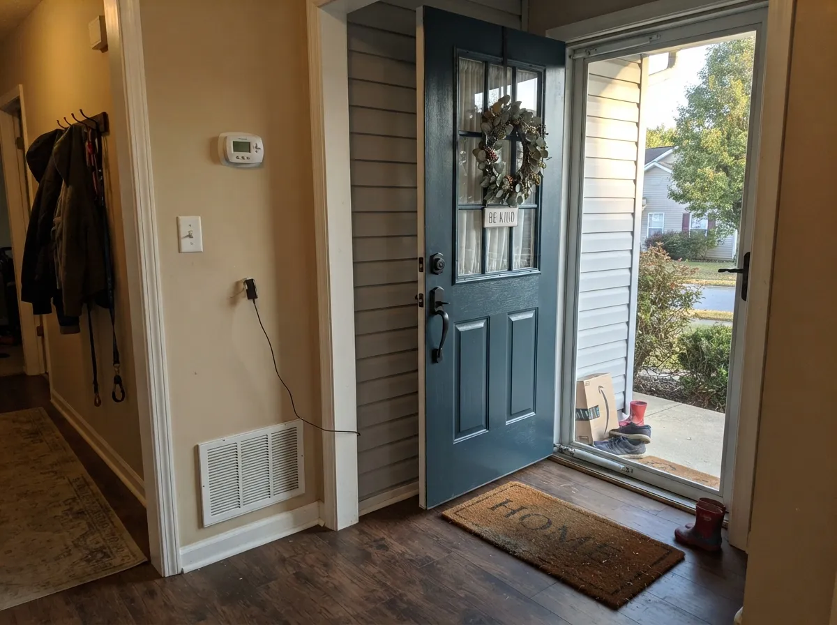 Full sun brings the blue-green forward — a front door is the color's other natural home.
