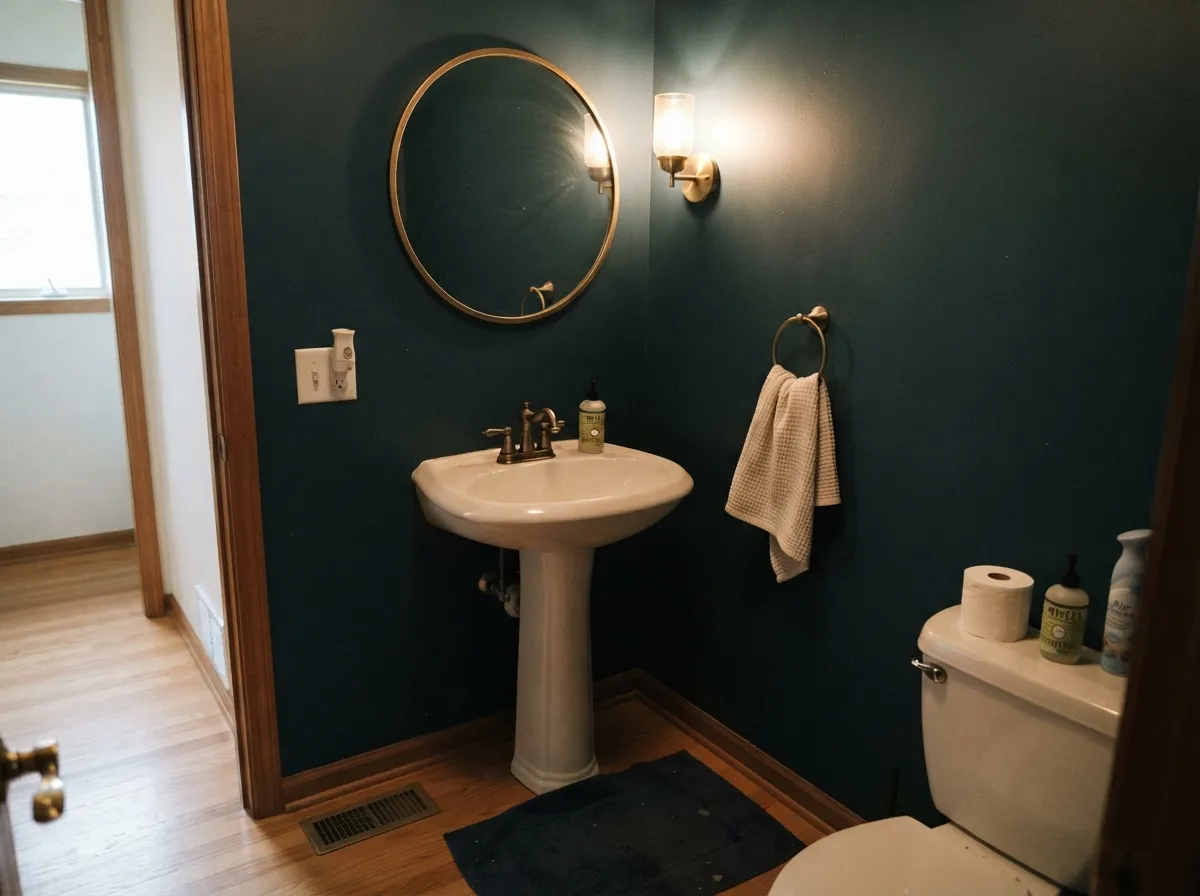 Four walls in a tiny room, one warm sconce doing the work — the jewel-box effect dark colors do best in small square footage.
