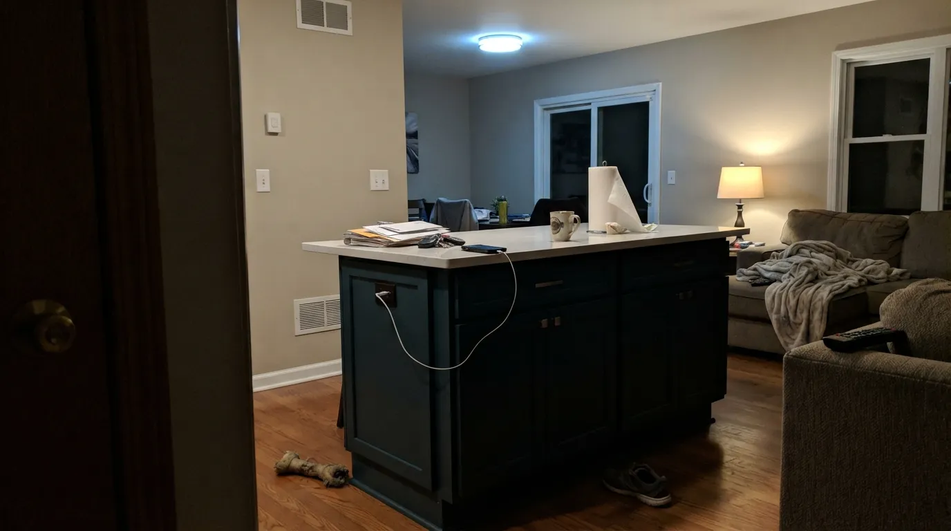 The honest shot: no direct light, no accent lamp — at LRV 9 the color just disappears into black. This is the setup behind every 'looks black, not blue' complaint.
