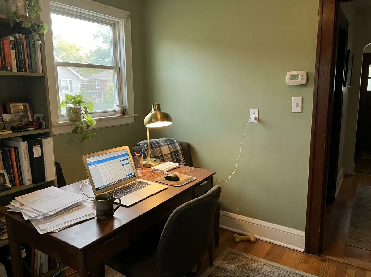In a warm, sunlit study the olive comes forward and the room feels calm rather than themed — its best indoor light.