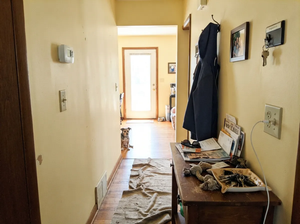 In a short run of hallway, handed off from a quieter cream next door, it reads as a deliberate touch of sunshine rather than a whole-house color.