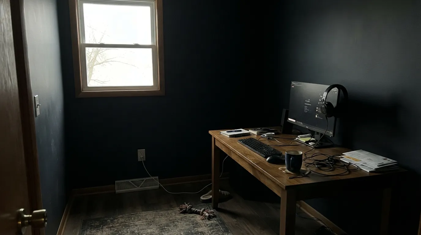 The honest shot: no light, no lamps, and Very Navy just reads black — the exact complaint behind every one-star "too dark" review.