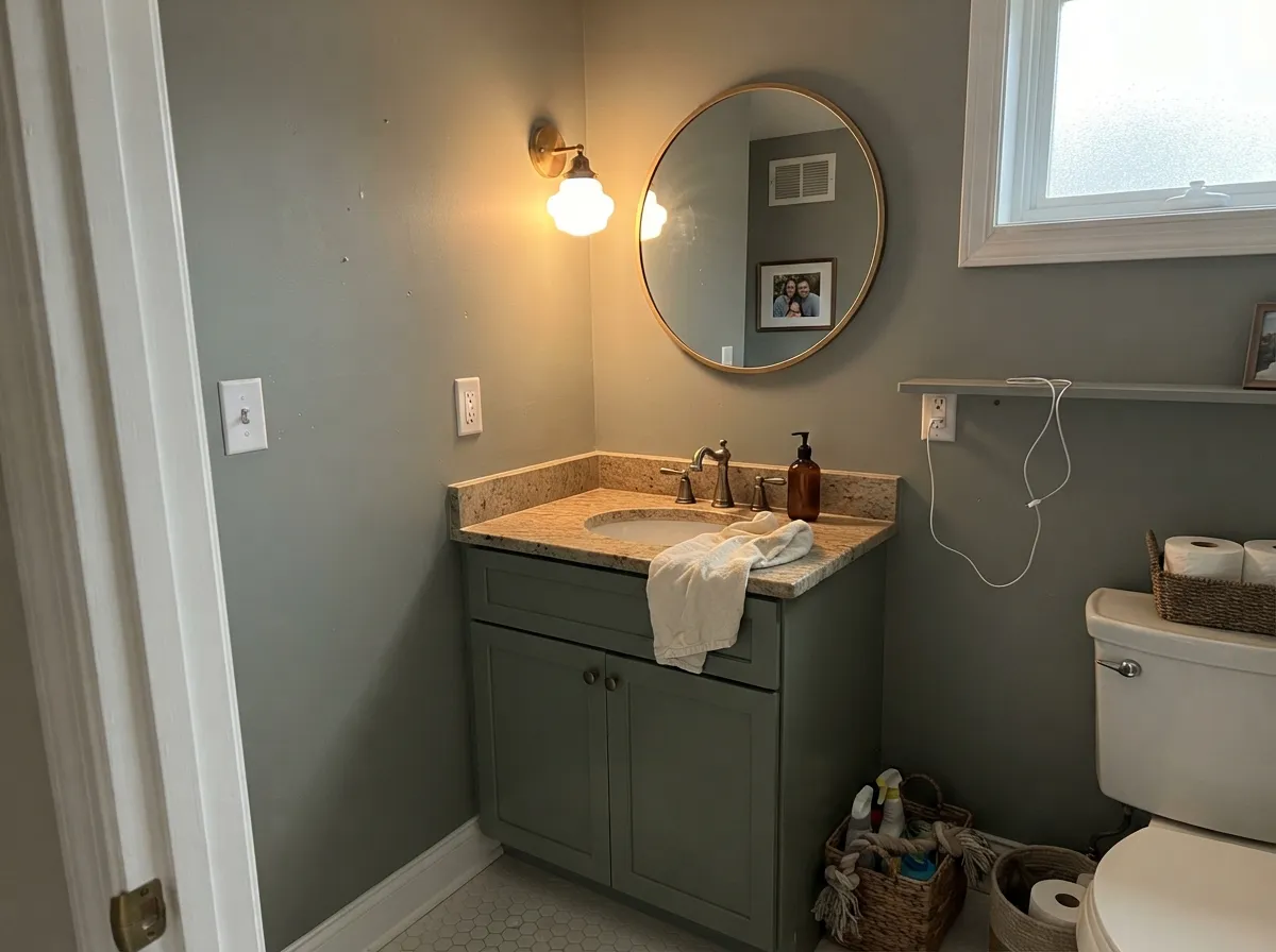 The easy interior win: a Village Green vanity in a room you can light on purpose — custom-looking without betting four living-room walls.