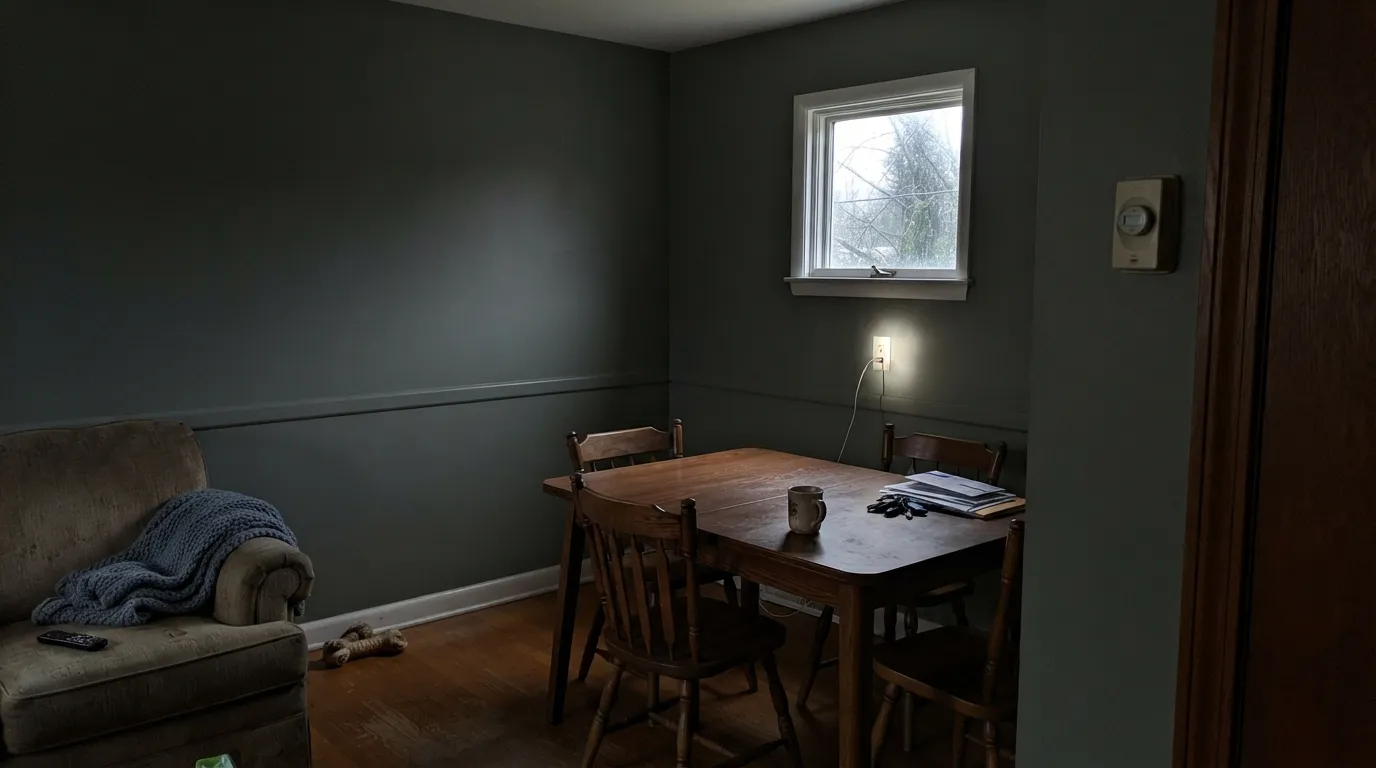 The honest shot: on four walls with no real light, Village Green drops the leaf and goes stone-gray — the chameleon owners report when they thought they were buying green.