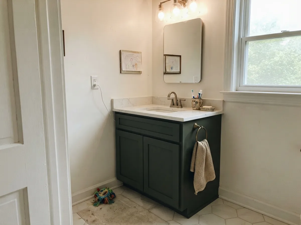 A single Vine Leaf vanity under morning light reads as a deliberate, small design choice — custom, not risky.