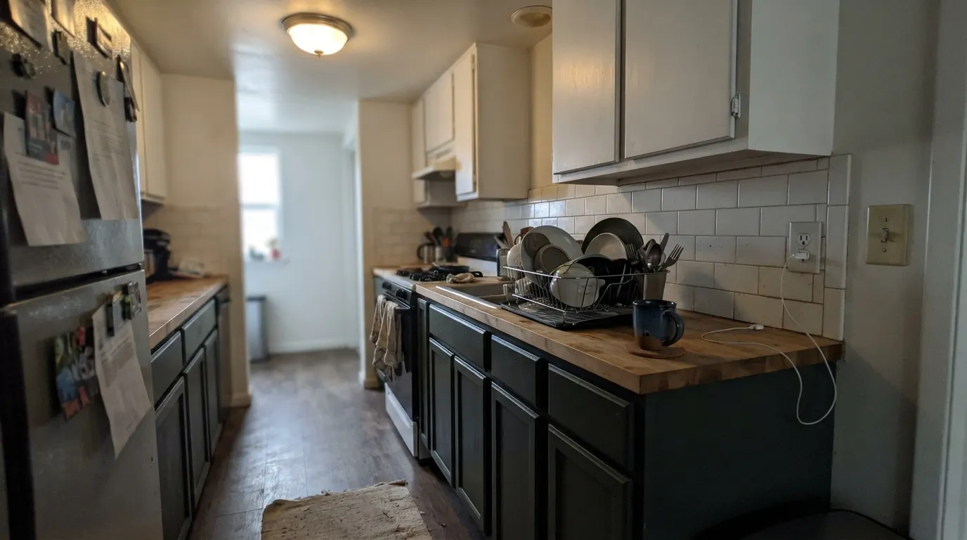 The honest shot: without direct light, the same cabinets read almost black — the exact situation behind every "looked green in the store, black in my kitchen" story.