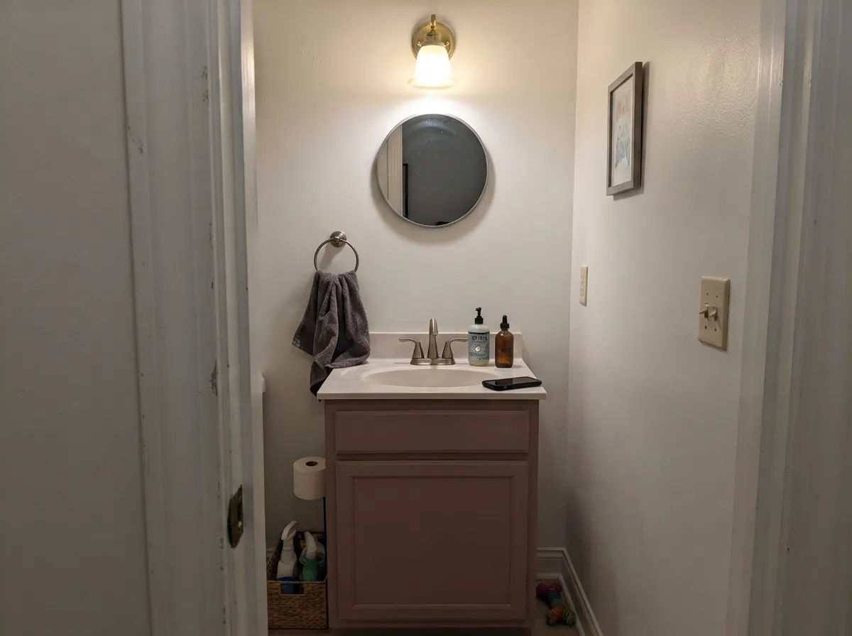 The small-commitment win: satin Vintage Charm on a vanity under cream walls — mauve on purpose, weekend-project scale.