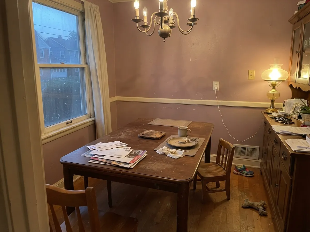 In an older dining room with walnut and brass, the mauve reads vintage and lived-in — this is the company the color wants.