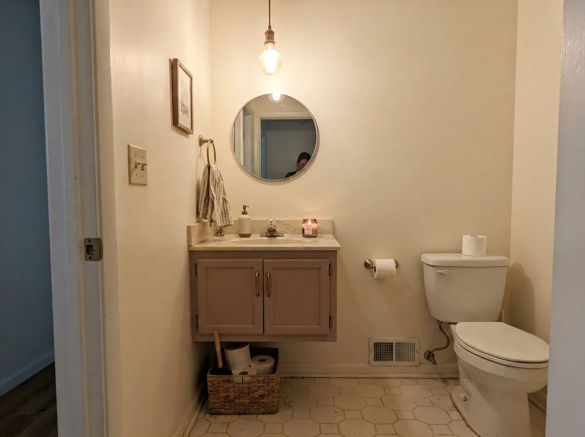 The low-risk way in: a Vintage Tea Rose vanity under cream walls, with brass hardware keeping the room warm enough to hold the color's rose side.