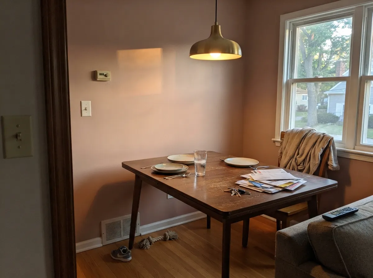 Against walnut and brass at golden hour, the rose comes forward and reads deliberate — not pink, but clearly warm.