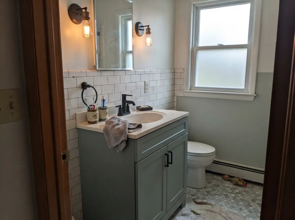 Under warm vanity light it turns soft green-teal against white subway tile — its second-favorite job after the island.