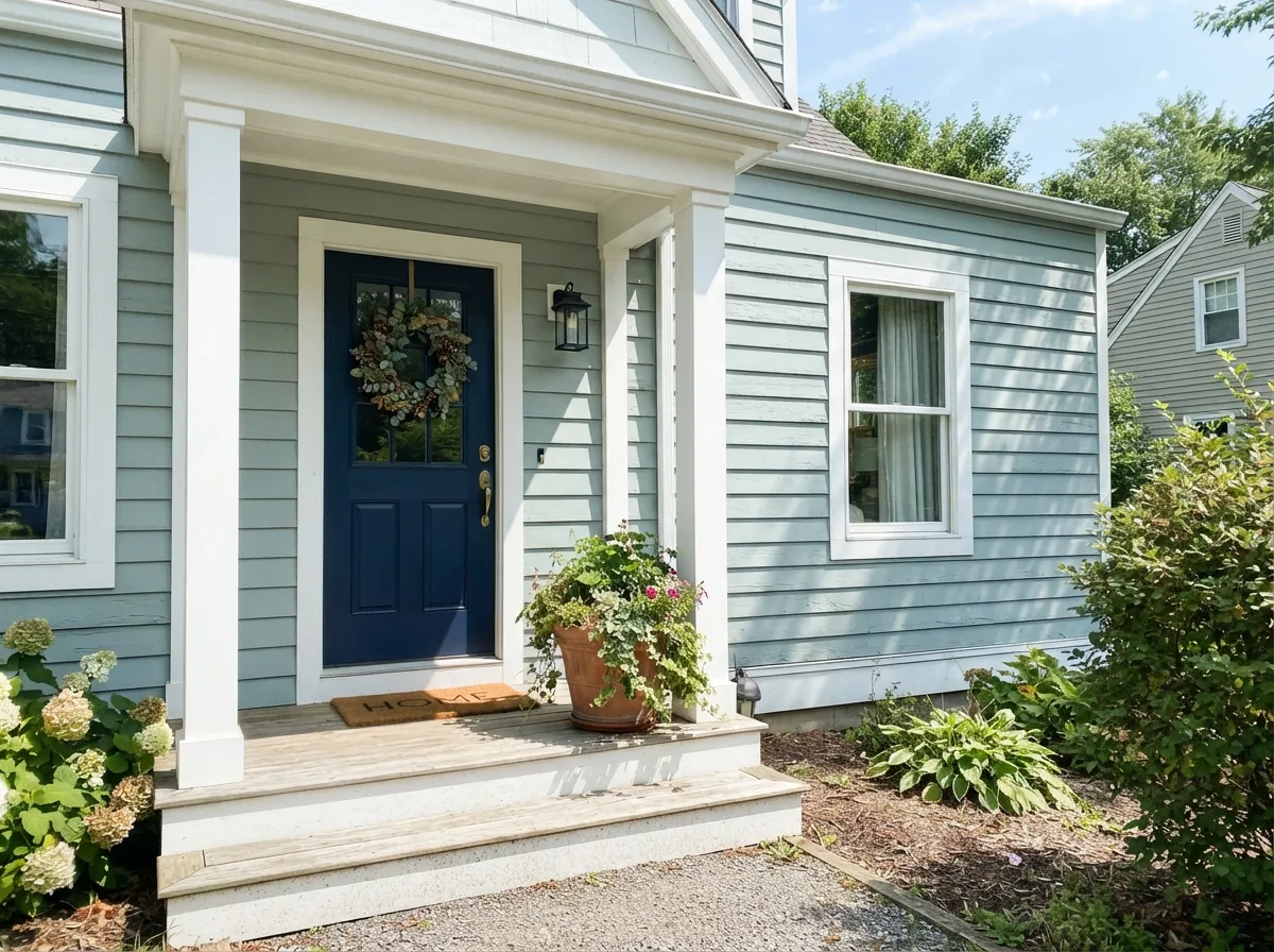In full sun it reads as a soft coastal teal-gray — a genuine exterior color, not just an interior accent.