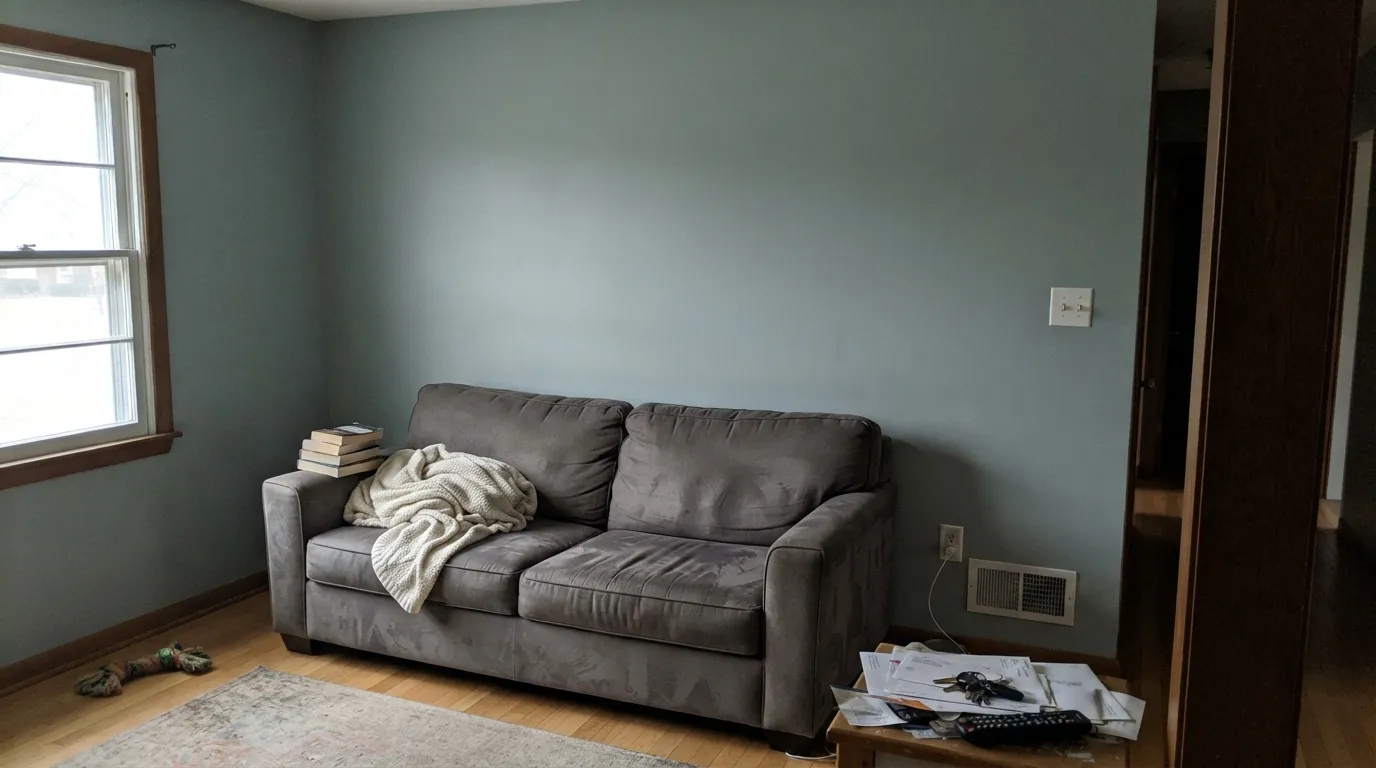 The honest shot: a north-facing room with no direct sun mutes it close to plain gray — the color the chip promised needs a sunnier wall.